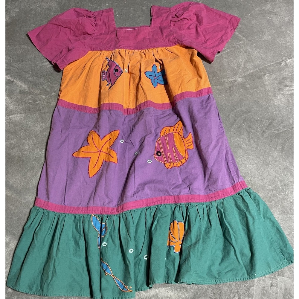 Vintage Allison Rhea Dress Womens Medium Colorful Tiered Artsy Embroidered Fish